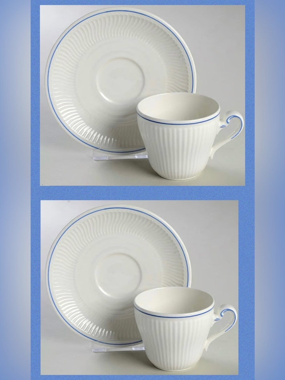2 White Porcelain Villeroy and Boch Filet Bleu Teacups and Saucers Discontinued